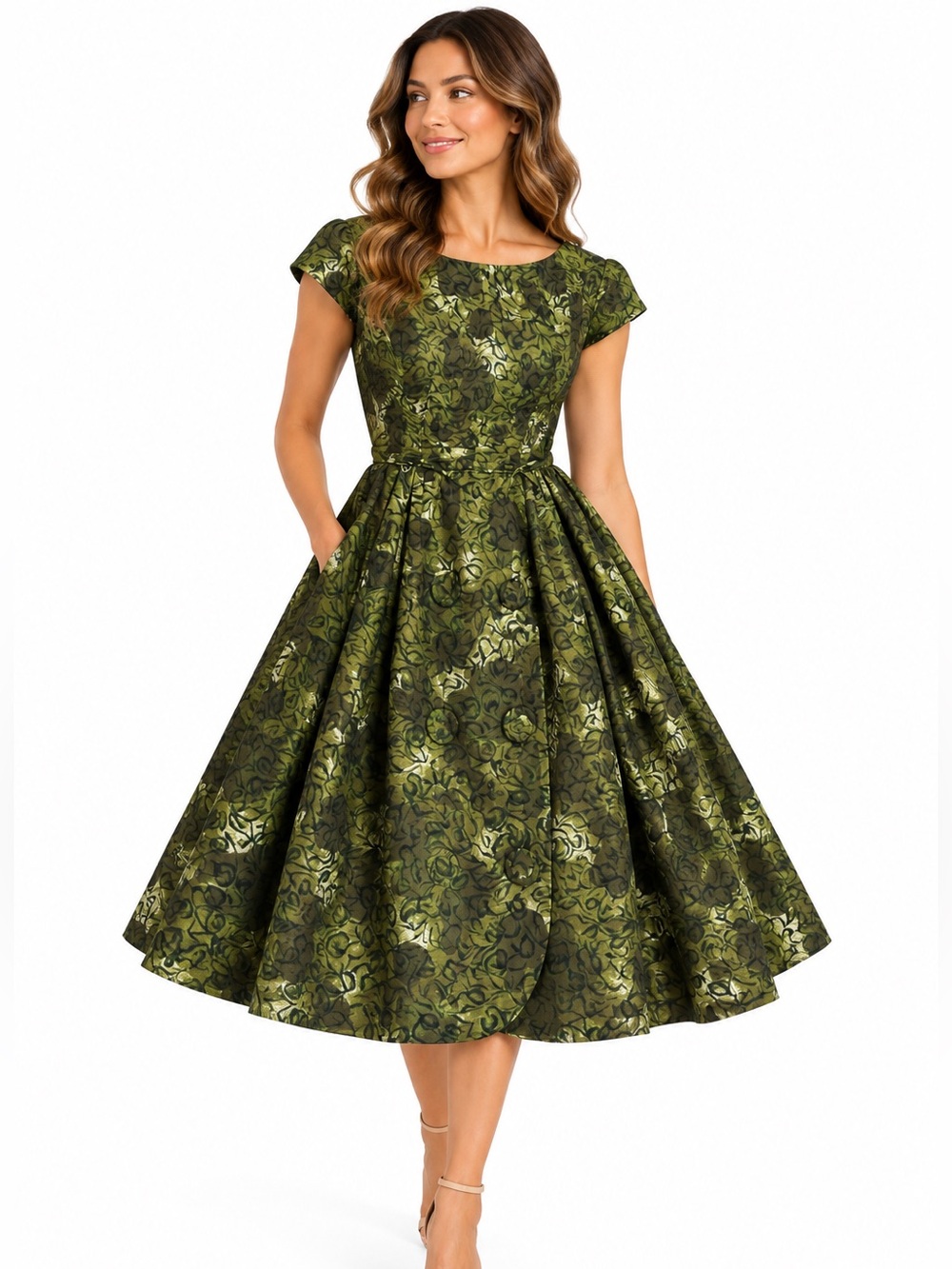 Jonathan Logan Green Floral Fit-and-Flare Dress S Belted Homemaker Chic Retro